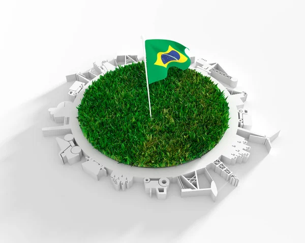 圆形与工业相对轮廓和3D绿草。巴西国旗 — 图库照片