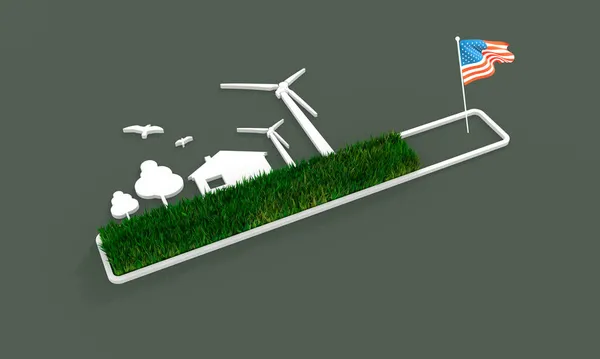 Progresso o barra di carico con alberi, casa e turbina eolica. Bandiera degli Stati Uniti — Foto Stock