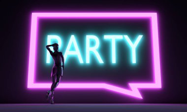 Parti neon ışıklı metin ve arka planı ışıklı kadın.
