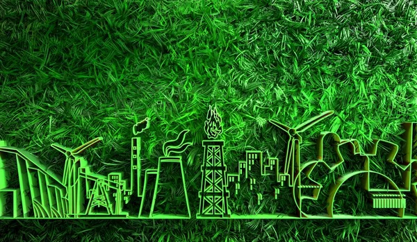 Енергетичні та енергетичні значки, встановлені зеленою травою — стокове фото
