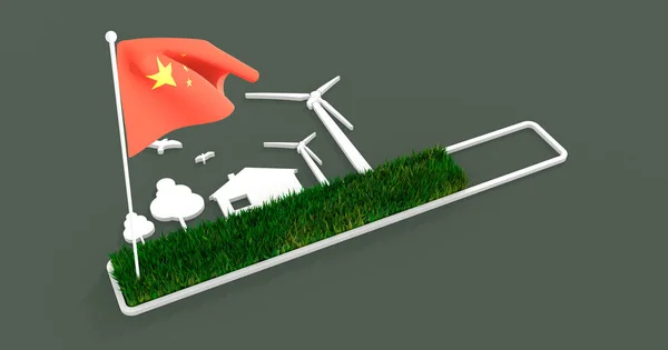 Kemajuan atau pemuatan bar dengan pohon, rumah dan turbin angin. Bendera Cina — Stok Foto