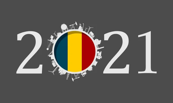 2021 año número con iconos industriales alrededor de cero dígitos — Archivo Imágenes Vectoriales
