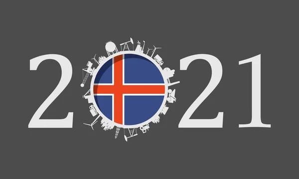 2021 año número con iconos industriales alrededor de cero dígitos — Archivo Imágenes Vectoriales
