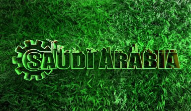 Endüstriyel simgeleri ve yeşil çimenleri olan Suudi Arabistan ülke adı