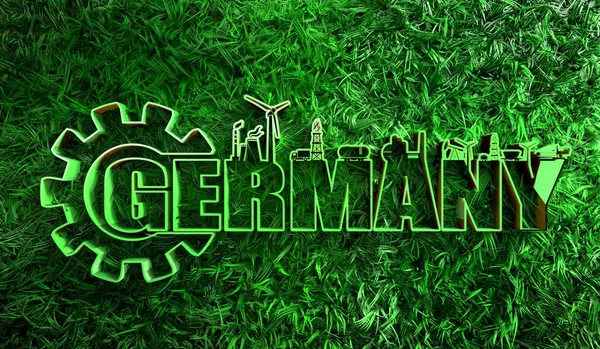 Niemcy nazwa kraju z ikonami przemysłowymi i zieloną trawą — Zdjęcie stockowe