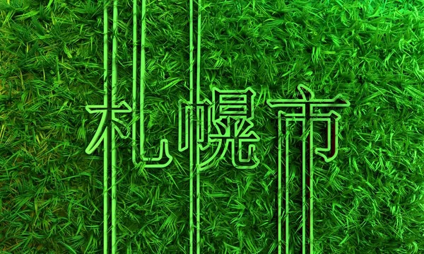 札幌市名は日本語による幾何学的なデザインで、緑の芝生があります。 — ストック写真