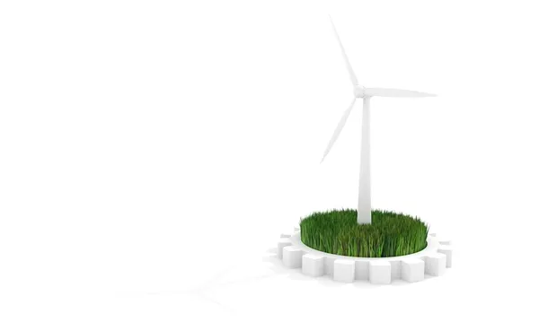 Pradera verde en marcha con turbina eólica generadora de electricidad —  Fotos de Stock