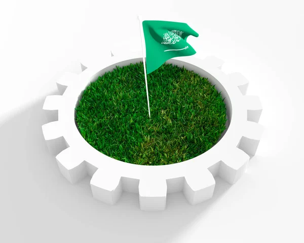 齿轮模型与3D绿草。1.沙特阿拉伯国旗 — 图库照片