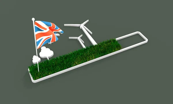 Fortschritt oder Ladestange mit Bäumen und Windkraftanlage. Flagge des Vereinigten Königreichs — Stockfoto