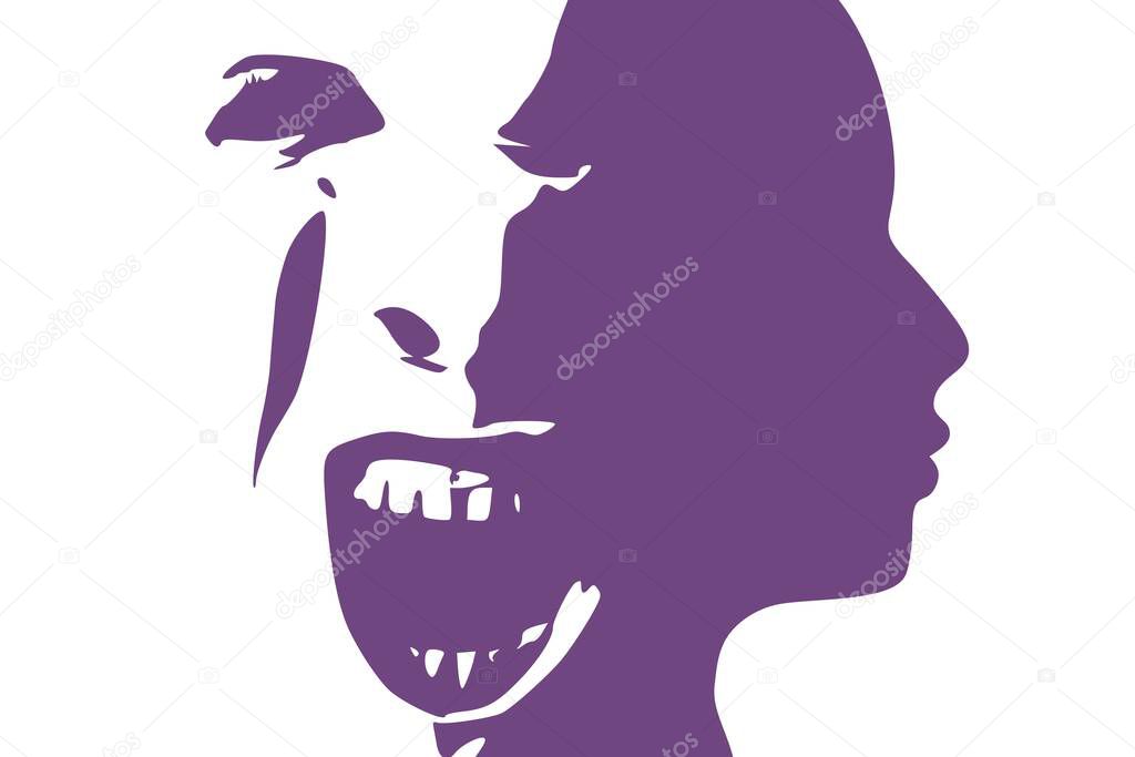 Human face side view silhouette and demonic ugly monster