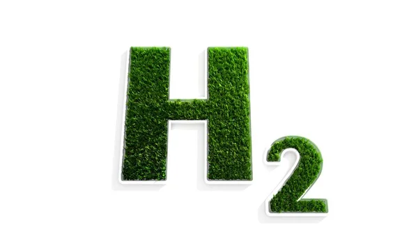 Concepto ecológico de energía limpia de hidrógeno. icono de hidrógeno 3d en pradera de primavera fresca — Foto de Stock
