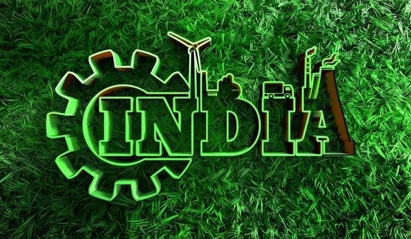 India nombre del país con iconos industriales y hierba verde —  Fotos de Stock