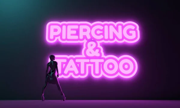 Piercing y tatuaje letras y mujer con retroiluminación. —  Fotos de Stock