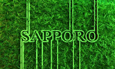 Yeşil çimenli Sapporo şehir adı geometri stili tasarımı