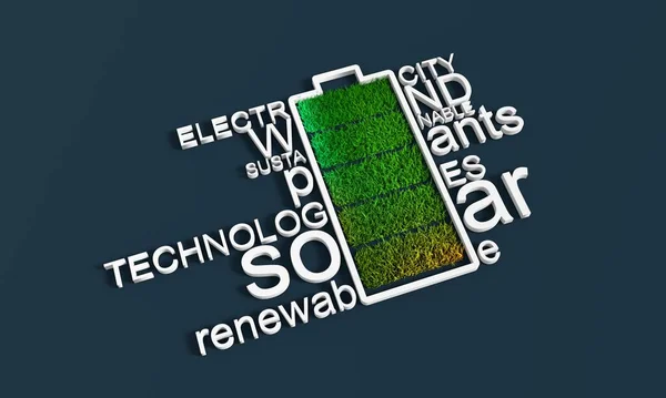 Nuvem de palavras de energia renovável com ícone de bateria. — Fotografia de Stock