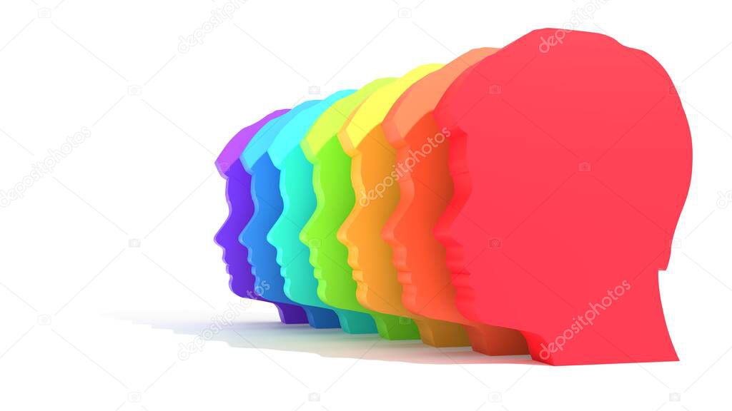 Rianbow gradient painted heads. Human relationships concept