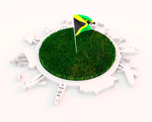 Objecten gelegen rond cirkel met groen gras. Vlag van Jamaica — Stockfoto