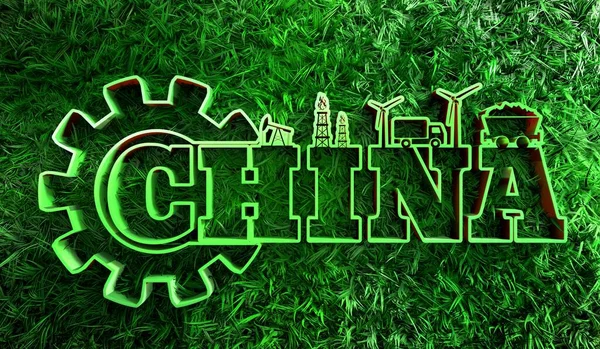 Nombre del país de China con iconos industriales y hierba verde —  Fotos de Stock