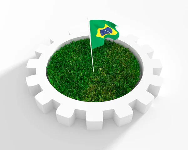 Cog wheel model with 3d green grass. Flag of Brazil — Stock Photo, Image