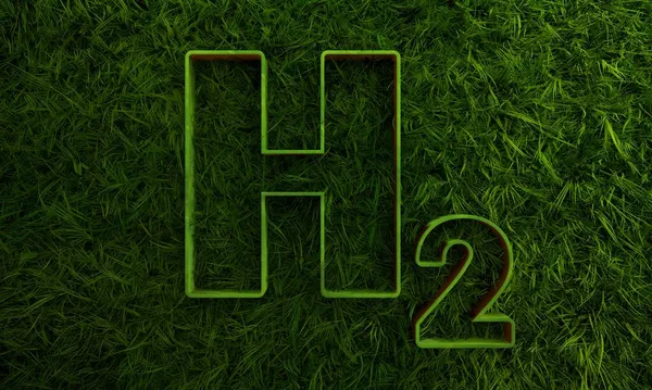 Concepto ecológico de energía limpia de hidrógeno. icono de hidrógeno 3d en pradera de primavera fresca — Foto de Stock
