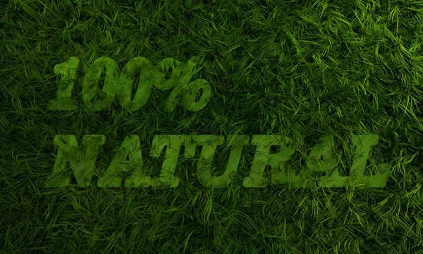 3d green grass and 100 percent natural text — Stock Photo, Image