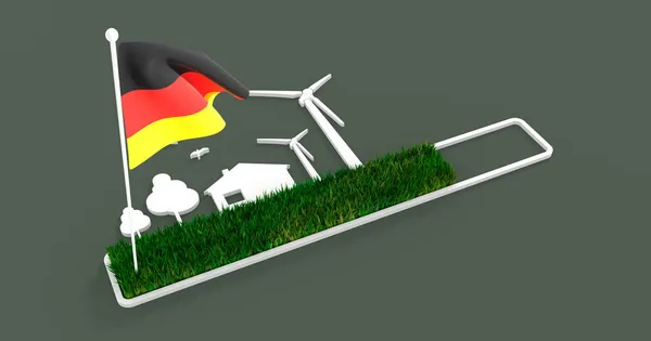 Progress lub załadunku bar z drzew, domu i turbiny wiatrowej. Flaga Niemiec — Zdjęcie stockowe