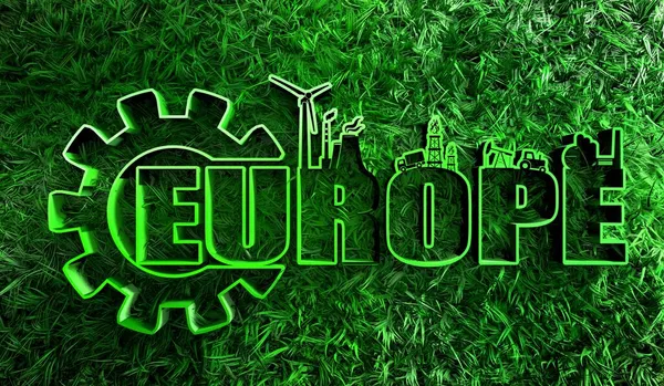 工業用アイコンと緑の草とヨーロッパの単語 — ストック写真