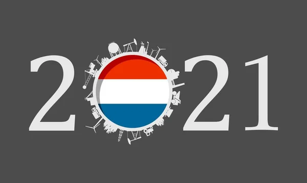 2021 jaar nummer met industriële pictogrammen rond nul cijfer — Stockvector