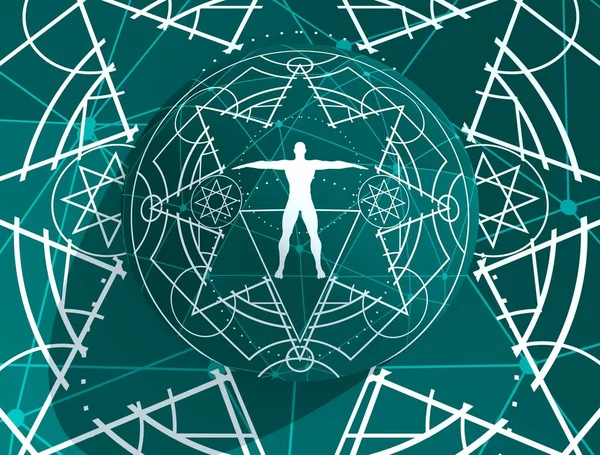 Mystical esoteric gothic geometry thin lines symbol with man silhouette. — Stock Photo, Image