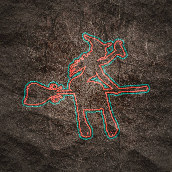 Flying young witch with raven on a broomstick