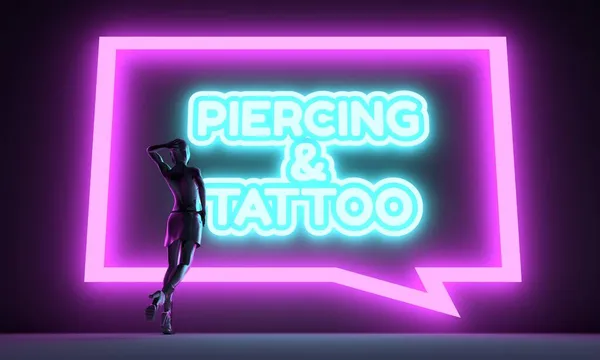 Piercing i tatuaż liternictwo i kobieta z podświetleniem. — Zdjęcie stockowe