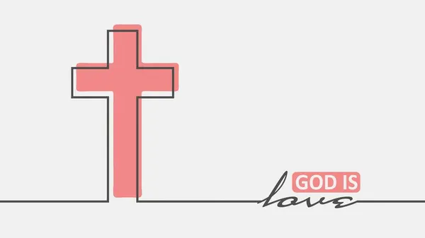 Kruis en god is liefde tekst in dunne lijnen stijl — Stockvector