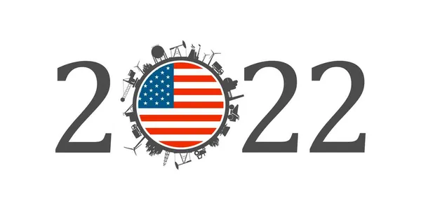 2022 rok číslo s průmyslovými ikonami kolem 0 číslic. Vlajka USA. — Stockový vektor