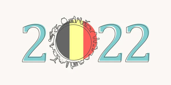 2022 год номер с промышленными иконками около нулевой цифры. Флаг Бельгии. — стоковый вектор