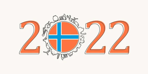 2022-річна кількість з промисловими іконами близько нульової цифри. Прапор Норвегії. — стоковий вектор