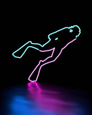 Neon ışıkları dalgıcın gölgesini aydınlatıyor. İnce çizgi biçimi