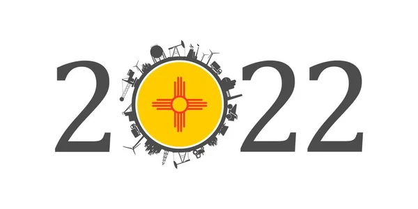 2022 año número con iconos industriales alrededor de cero dígitos. Bandera de New México. — Archivo Imágenes Vectoriales