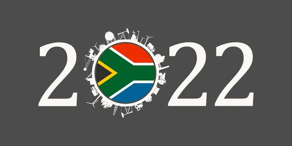 2022 rok číslo s průmyslovými ikonami kolem 0 číslic. Vlajka Jižní Afriky. — Stockový vektor