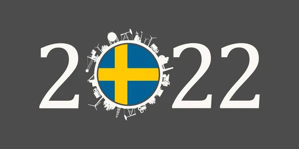 2022 año número con iconos industriales alrededor de cero dígitos. Bandera de Suecia. — Archivo Imágenes Vectoriales