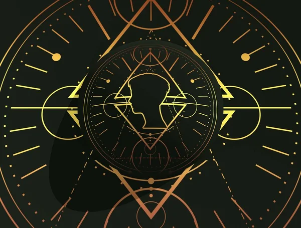 Mystisk esoterisk gotisk geometri tunna linjer symbol med mänskligt huvud silhuett. — Stockfoto
