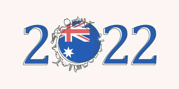 2022 год номер с промышленными иконками около нулевой цифры. Флаг Австралии. — стоковый вектор