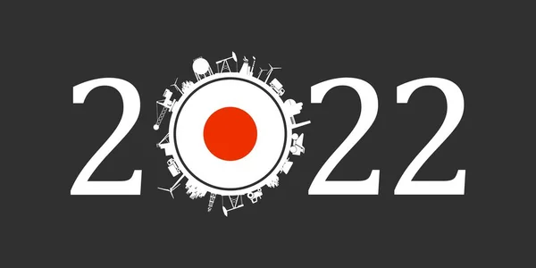 Numero 2022 anni con icone industriali a circa zero cifre. Bandiera del Giappone. — Vettoriale Stock