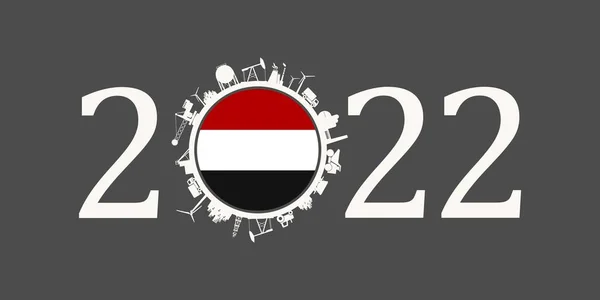 2022 año número con iconos industriales alrededor de cero dígitos. Bandera de Yemen. — Archivo Imágenes Vectoriales