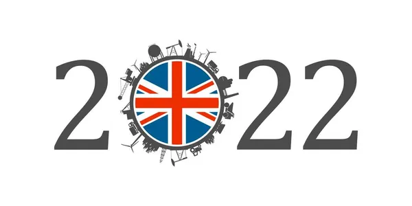 2022 year number with industrial icons around zero digit. Flag of United Kingdom. — Stock Vector