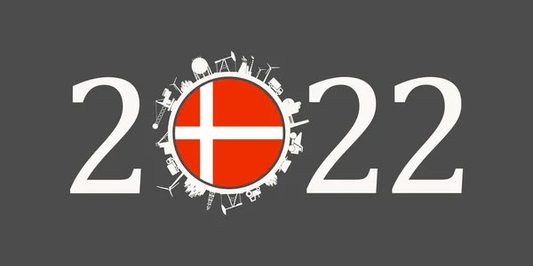 2022 year number with industrial icons around zero digit. Flag of Denmark. — Stock Vector