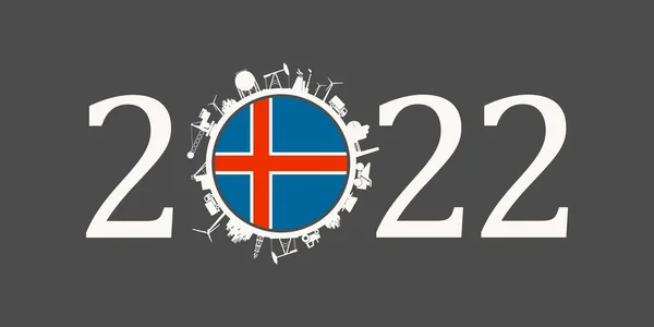 2022 έτος αριθμός με βιομηχανικά εικονίδια περίπου μηδέν ψηφίο. Σημαία Ισλανδίας. — Διανυσματικό Αρχείο