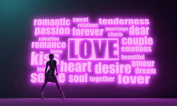 Words cloud relative to love and woman with backlight. — Stock Photo, Image