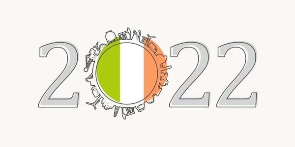 Numero 2022 anni con icone industriali a circa zero cifre. Bandiera dell'Irlanda. — Vettoriale Stock