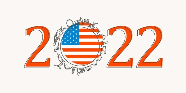 2022 ano número com ícones industriais em torno de zero dígito. Bandeira dos EUA. —  Vetores de Stock