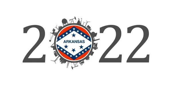2022 año número con iconos industriales alrededor de cero dígitos. Bandera de Arkansas. — Archivo Imágenes Vectoriales